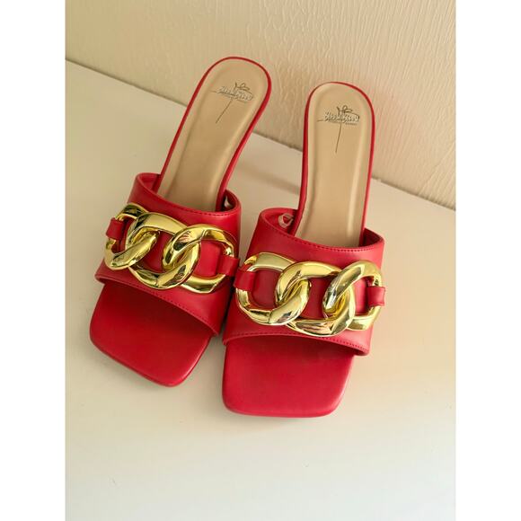 Bisou Bisou Michele Bohbot Red Mules Heels Gold Chain Slide Sandals Size 10 - Picture 3 of 7